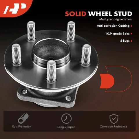 Rear Wheel Bearing And Hub Assembly 2 Pack For Toyota Corolla 2003 2008 Matrix 2003 2008 Celica 2000 2005 And Pontiac Vibe 2003 2008 FWD Non ABS 5 Lug Durable Beefy Heavy Duty High Load Capacity Easy To Install, showing anti-corrosion coated wheel studs and 5-lug assembly.