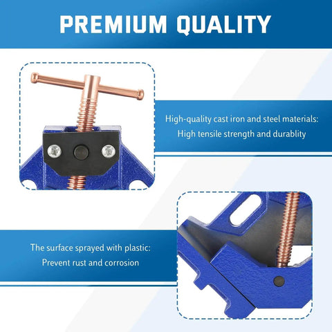 Close-up of Beefy Heavy Duty Cast Iron Welding Clamp Jig With Two Axis 90 Degree Right Angle Centering Fixture for Wood Miter Projects.