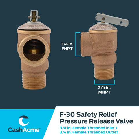 CashAcme F-30 brass safety relief valve, 3/4 in threaded inlet/outlet, front and side views