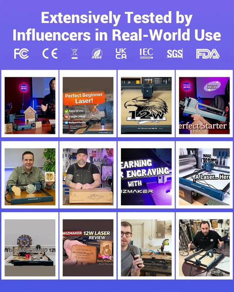 Collage of 12 images showing influencers using 12W Desktop Laser Engraver for Wood, Leather, Acrylic and More in various settings.