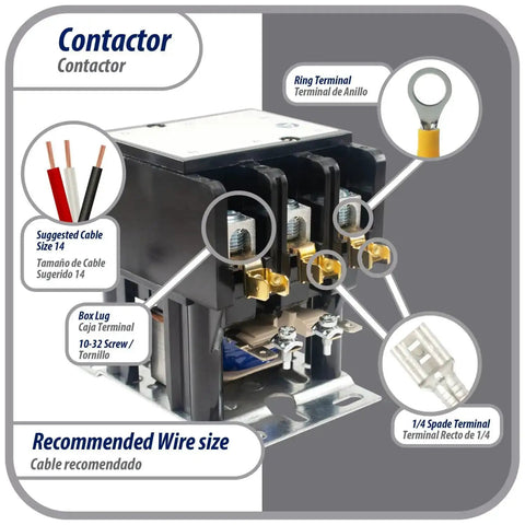 Heavy Duty 3 Pole Contactor 60 Amp 240 Volt Coil Replacement For HVAC Systems, showing connection points and recommended wire sizes.