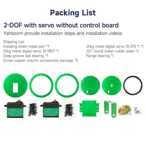 Packing list for Dope 2-DOF Pan Tilt Servo Kit For DIY Robots And Cameras with installation parts and metal servo without control board