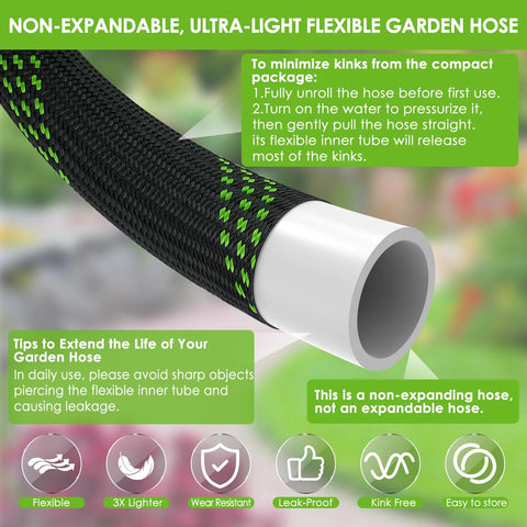 Garden hose with black braided exterior, green accents, and white end fitting; non-expandable.