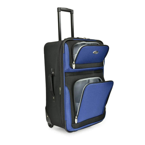 Side view of New Yorker Lightweight Expandable Rolling Luggage Set By U S Traveler, showing blue suitcase with pockets and handle.