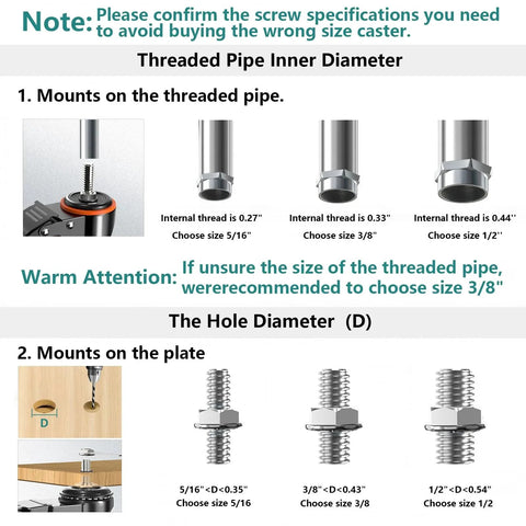 Threaded stem specifications for 4 Inch Stem Caster Wheels Set Of 4 Heavy Duty 2000 Lb Capacity, showing pipe and plate mount options.