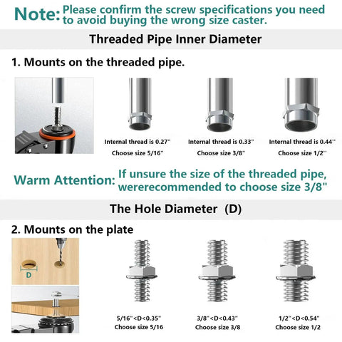 Threaded stem sizes for Heavy Duty 2 Inch Stem Caster Wheels Set Of 4 With Safety Locking Swivels 600 Lb Capacity; choose correct size