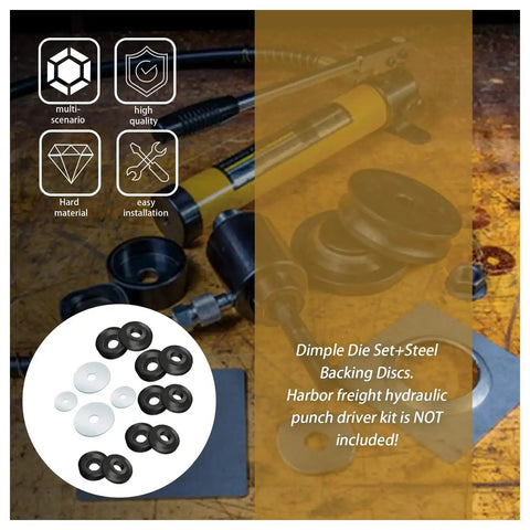 Dimple Die Set With Steel Backing Discs For Harbor Freight Hydraulic Punch Driver Kit shown with various die sizes and backing discs.