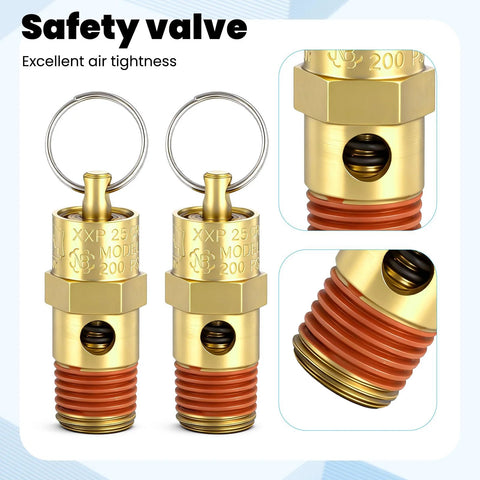 Two brass safety relief valves for air compressors, 1/4 in NPT, 200 PSI pop-off, with ring and red threaded body.