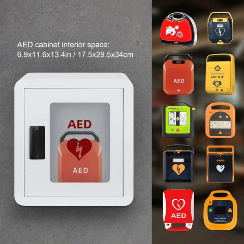 Sturdy Steel AED Defibrillator Cabinet Wall Mount with Magnetic Door, housing various AED models, for public spaces, hospitals, offices, schools.