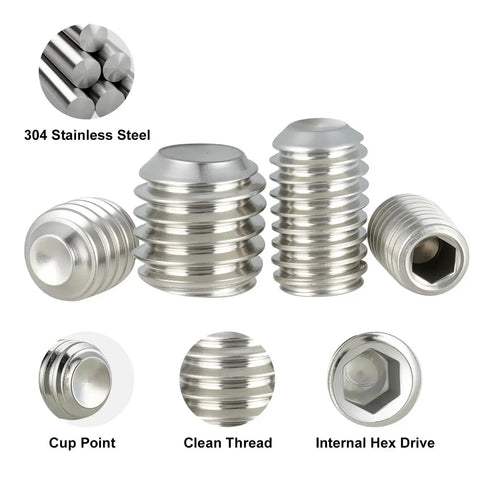 Close-up of Headless Set Screw Kit 510 Piece 13 Size Metric M3 M4 M5 M6 M8 Stainless Steel 304 Socket Cup Point Screws.