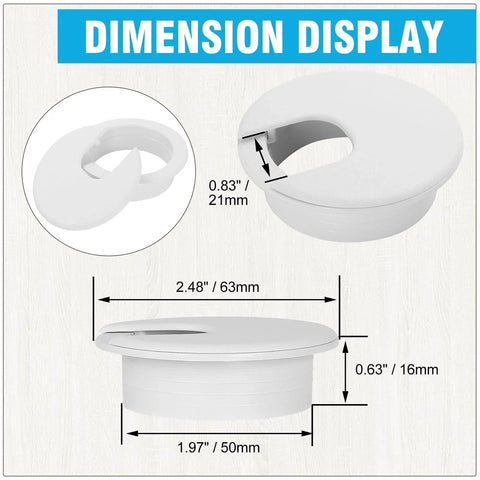 JTemgle 2 Inch White Desk Grommet Cable Hole Cover dimensions, plastic cable organizer, product dimensions.