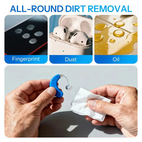 Hands cleaning a blue hearing aid with Alcohol Free Hearing Aid Cleaning Wipes Individually Wrapped Removes Earwax