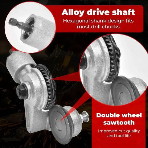 Detail view of Sheet Metal Nibbler Drill Attachment with alloy drive shaft and double wheel sawtooth for burr-free cuts