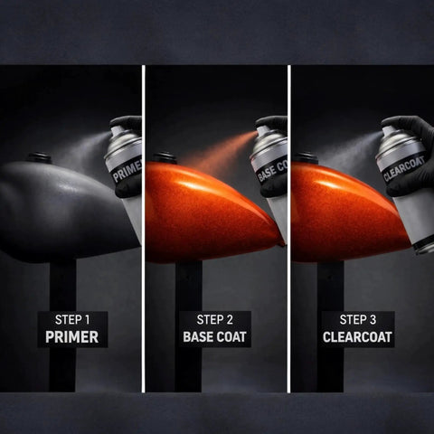 Three-step process showing primer, base coat, and 2K Clearcoat Spray For Automotive Finish With Dual Chamber Activation on car panel.
