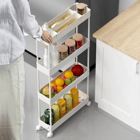 Slim 4 Tier Storage Cart With Rolling Wheels And Narrow Profile For Tight Gaps Between Furniture And Appliances
