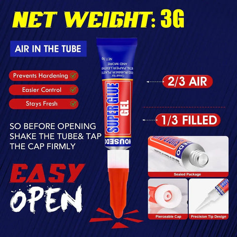 Close-up of 3G super glue gel tube with detailed packaging instructions and features for 12 Pack 3G Gel Glue Tubes For Plastic Metal Ceramic Wood Fast Dry CA Glue.