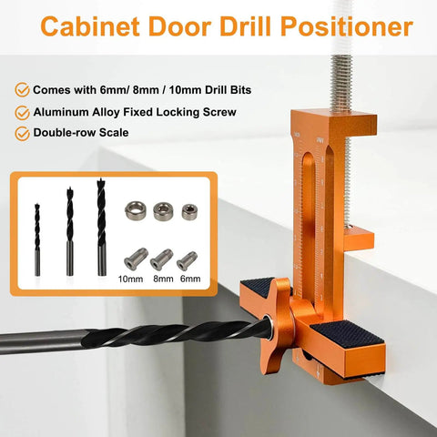3-In-1 Cabinet Door Mounting Jig With Adjustable Positioner, Base, And Three Drill Bits, Pro-Grade Aluminum Alloy Cabinet Hinge Installation Tool For Frameless And Face-Frame Cabinets, Works On Left Or Right Opening Doors shown with drill bits and scale in close-up view