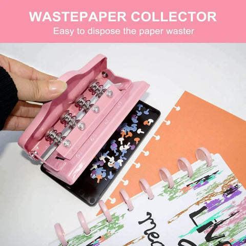 Mushroom Discbound Hole Punch for Four Holes Adjustable Paper Puncher punching disc holes in planner with wastepaper collector, pink finish