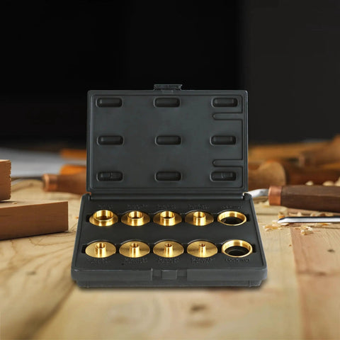Brass Router Template Guides Bushing Set for Porter-Cable Style in black carrying case, showing 10-piece set on a workbench