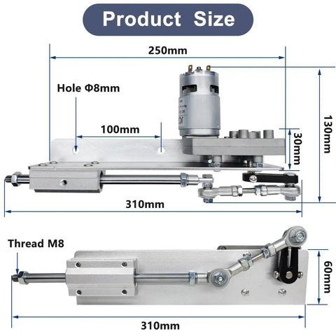 Heavy Duty 24V Reciprocating Linear Actuator dimensions with remote control, adjustable stroke 0.78 to 3.15 inches, 160 RPM, 30 lbs torque