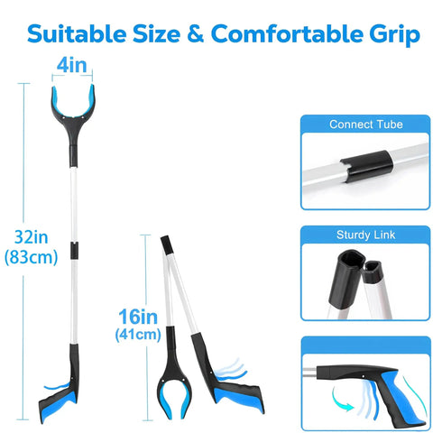 Heavy Duty Grabber Reacher Tool For Seniors 32 Inch Foldable Gripper with easy trigger grip, shown fully extended and folded.