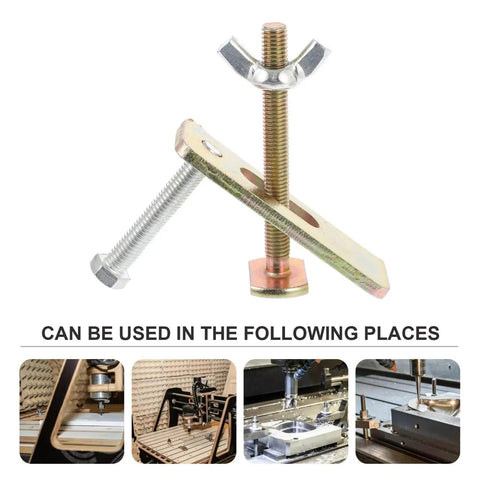Engraving Machine Clamps For Woodworking Heavy Duty Hold Down Clamps Two Sets 80mm Aluminum Bow Plate Router Workholding Fixtures For CNC Router Table Pro Grade Kit shown with applications.
