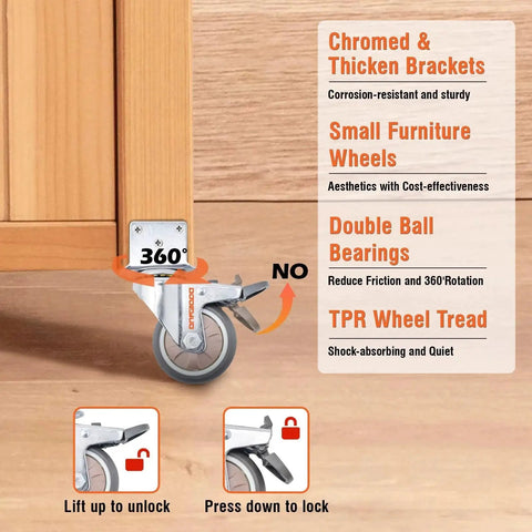 Installed 3 Inch Heavy Duty L Shape Side Mount Caster Wheels With Brake 4 Pack Ball Bearing Swivel Furniture Casters on cabinet