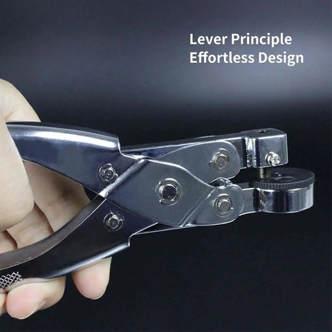 Handheld Single Hole Paper Punch For Scrapbooking And Office Use, Metal circle punch held in hand, showing lever principle design
