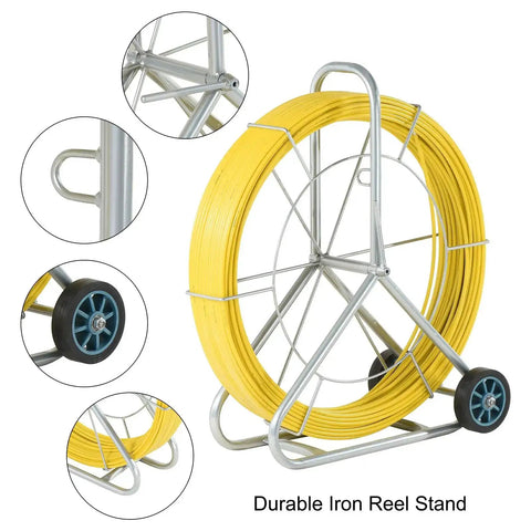 Beefy Heavy Duty Fiberglass Duct Rodder 8mm By 150m 492ft With Wheel Stand, yellow fiberglass rod on iron reel stand with wheels.