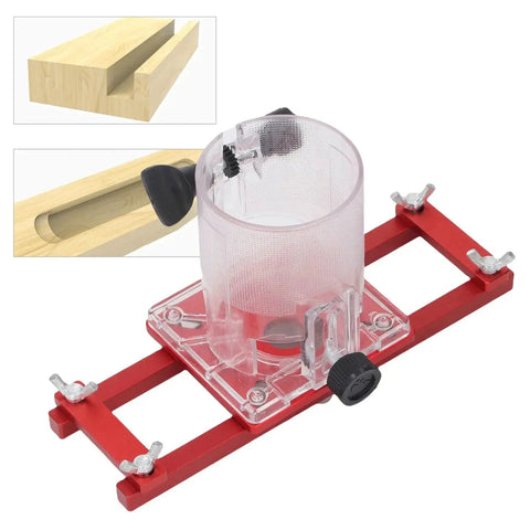 Wood Trimmer Router Base For 65mm Machine, 2 In 1 Aluminum Alloy Slotting Bracket, Compact Palm Holder, shown with cutting examples.