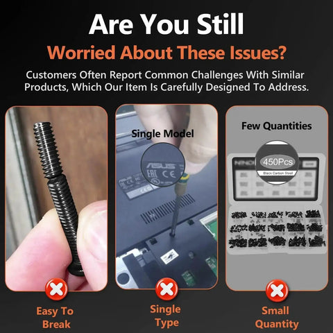 Comparison of single screw issue, specific laptop repair, small quantity vs. 810Pcs Black Laptop Screw Kit For Notebook Computers