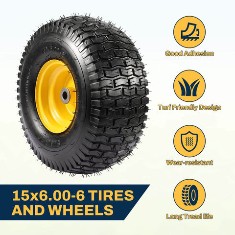 Two Pack 15x6-6 Tire And Wheel Assembly For Riding Lawn Mowers, Beefy Heavy Duty 4 Ply Tubeless Tires, 500 Lb Capacity