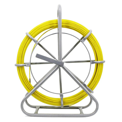 Front view of Fiberglass Duct Rod Fish Tape Puller Kit with 6mm diameter and 450 feet on a beefy steel reel stand for easy wiring