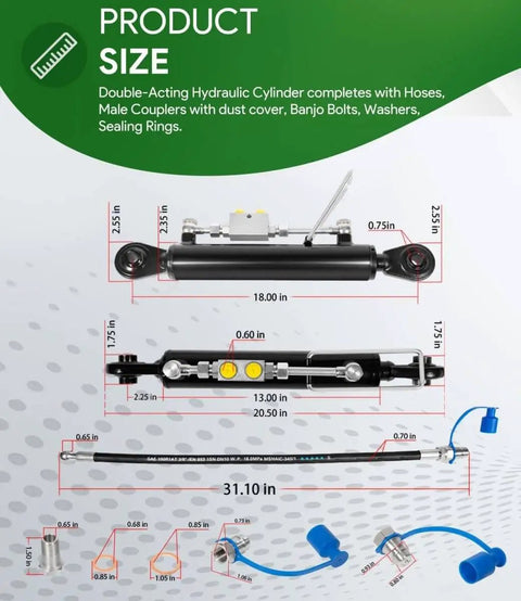 Diagram of Heavy Duty Hydraulic Top Link Cat 1-1 with dimensions, hoses, couplers, and components, used for tractors and excavators.