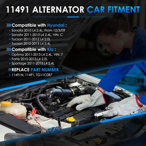 Mechanic working on car engine with compatibility chart for Hyundai Sonata and Kia Optima alternators visible