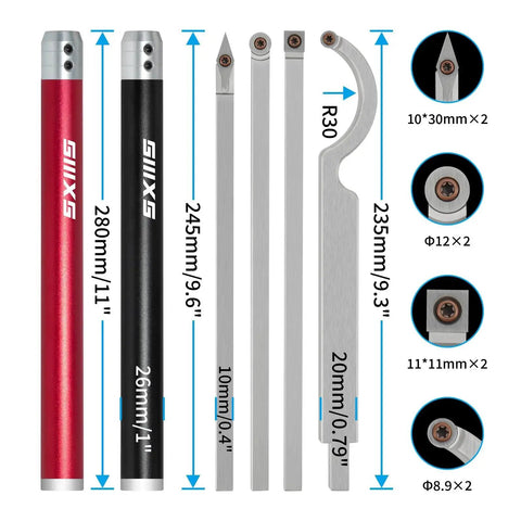 Carbide Tip Wood Lathe Tool Set With Bowl Sander Roughing Finishing And Hollowing Tools Interchangeable Aluminum Handle And 8 Carbide Inserts For Woodturning, showing tool dimensions and inserts