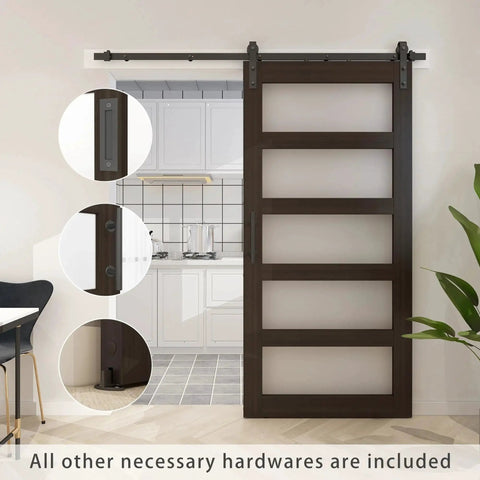 36 Inch By 84 Inch Glass Barn Door With 6.6 Foot Sliding Door Hardware Kit Included And Handle Five Panel Frosted Glass Solid Wood Slab With Waterproof PVC Surface For Privacy And Durability Pre Drilled For Easy Assembly Brown shown installed in a modern room.