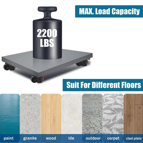 Heavy Duty 2 Inch Caster Wheels Set Of 4 With Ratchet Handle Leveling Casters Retractable Height Adjustable Total Capacity 2200 Lbs Adjustable Leveling Feet For Workbench Ideal For Heavy Duty Workbenches And Industrial Carts showcasing maximum load capacity on diverse floor types.