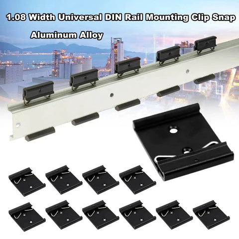1.65 Inch Din Rail Mount Clip Snap In Universal Bracket For 35mm Din Rails Aluminum Alloy Relay Clip Heavy Duty Black Mounting Clip For Switches And Injectors 10 Pack displayed on rail with city background.