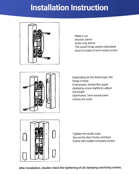 Installation instructions for 6 Inch Invisible Door Hinges For Doors 3D Adjustable 180 Degree Swing Heavy Duty Concealed Zinc Alloy