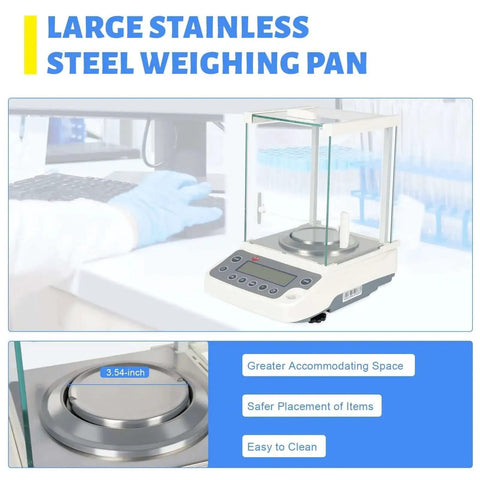 Analytical balance with glass wind shield in lab, showing large stainless steel weighing pan and USB RS232 interface, LCD display.