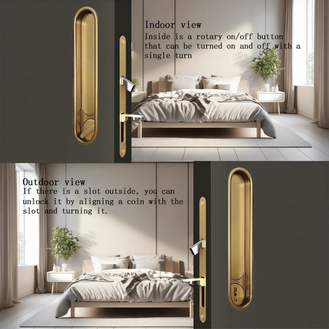 Pocket Door Lock Hardware With Pull Inconspicuous Sliding Door Handle Recessed Lock For Furniture Gold Zinc Alloy Electroplated Brushed Finish Rust Resistant Durable Ideal For Hidden Sliding Doors In Closets And Cabinets Durable Zinc Alloy Construction shown installed in home interior, showcasing indoor and outdoor view features.