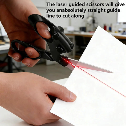 Hands using Laser Guided Scissors For Fabric Cutting And Sewing With Precision Laser Line, Quilting And Crafting.