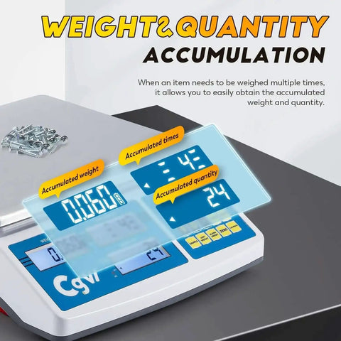 Industrial Countin Scale 30kg Capacity, Ultra-Precise Digital Inventory Scale with weight accumulation feature displayed.