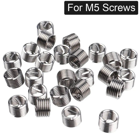 30 Piece M5 Thread Repair Kit With Helicoil Inserts And Insertion Tools For Damaged Threads DIY Auto And Home Projects M5 X 0.8mm Stainless Steel Set For Durable Heavy Use showing multiple stainless helicoil inserts.