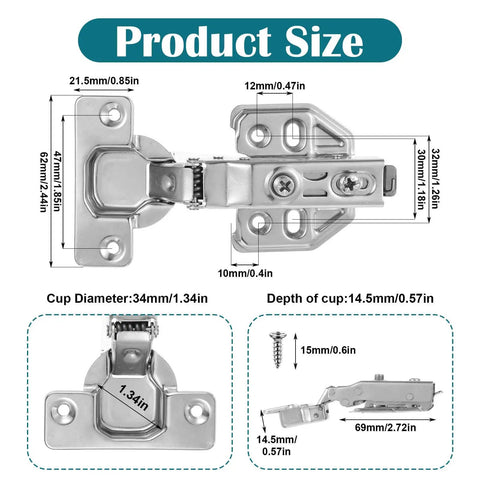 Diagram showing dimensions of Soft Close Cabinet Hinges 24 Pack Full Overlay 105 Degree Concealed Hinges With Clip On Plates