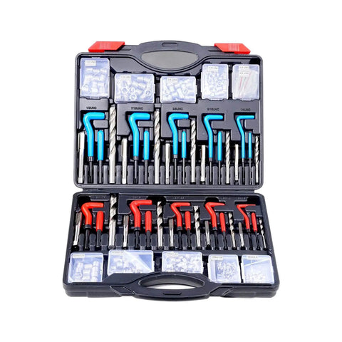 Open kit case showing All In One Helicoil Thread Repair Kit With 338-Piece SAE HSS Drill Inserts Taps And Tools For M5 M6 M8 M10 M12 And Inch Sizes From One Quarter To One Half Inch Rethread Restorer And Universal Insertion Tools For Quick Field Repairs.