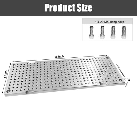 6061 Aluminum Fixture Plate Six By Sixteen By One Half Inch Mini Pallet Must Have With Anodized Finish For Drill Press Tapping Bench And Welding Table Use One Fourth Twenty Threaded Holes Includes Four Mounting Bolts Durable Precision Work Surface displayed with dimensions and bolts