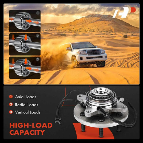 Front Wheel Bearing And Hub Assembly For Ford F150 Truck 2009 2010 4x4 6 Lug Compatible High Load Capacity Wheel Hub Replacement With Abs Sensor For Smooth Driving shown with load capacity details and desert terrain background.