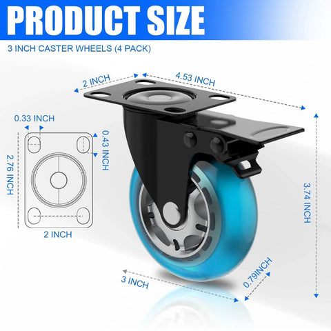 Diagram of 3 Inch Plate Caster Wheels Heavy Duty With Brake 1200 Lbs Set Of 4 showing dimensions and design features.